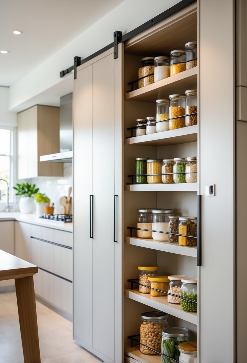 15 Modern Open Kitchen Designs For A Spacious Look 12 A kitchen with a pantry wall featuring sliding doors, one door partially open showing organized shelves inside.
