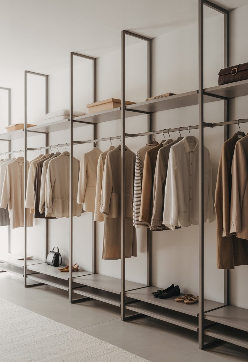 17 Open Closet Ideas To Maximize Space And Style In Any Room 1 An open closet with metal clothing racks holding neatly arranged clothes and shelves with shoes and bags underneath.