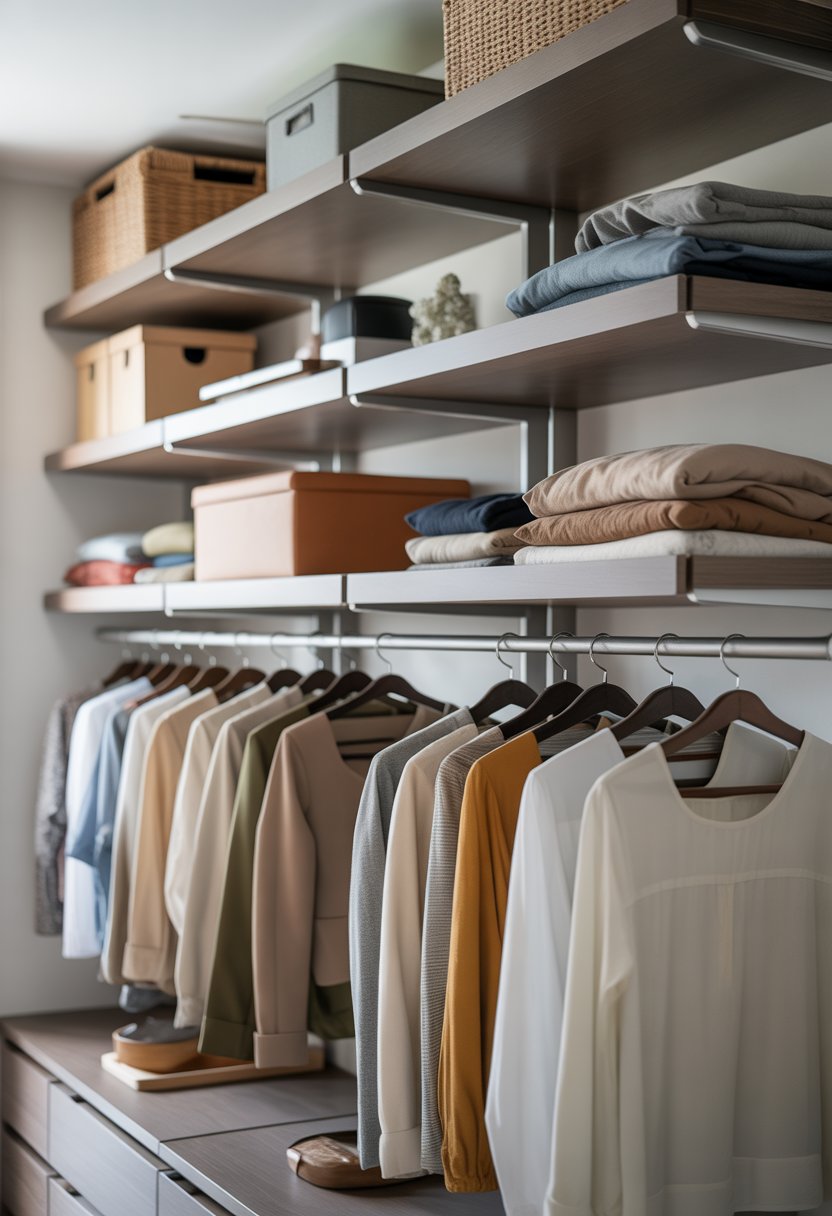 17 Open Closet Ideas To Maximize Space And Style In Any Room 2 Open closet with hanging clothes and floating shelves above holding folded clothes and storage boxes.