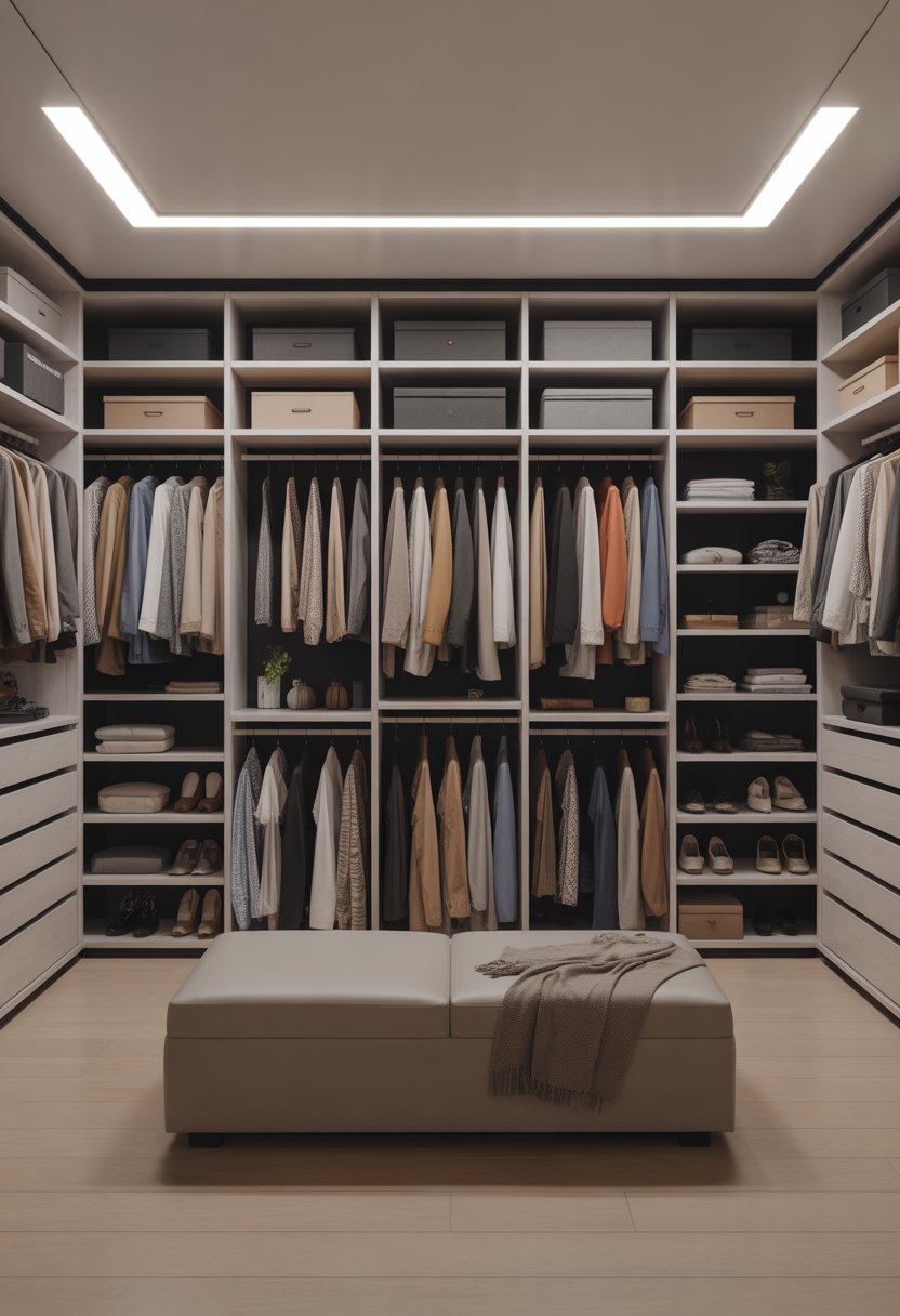 17 Open Closet Ideas To Maximize Space And Style In Any Room 5 A spacious walk-in closet with open shelves and hanging clothes, featuring a built-in bench in the center.