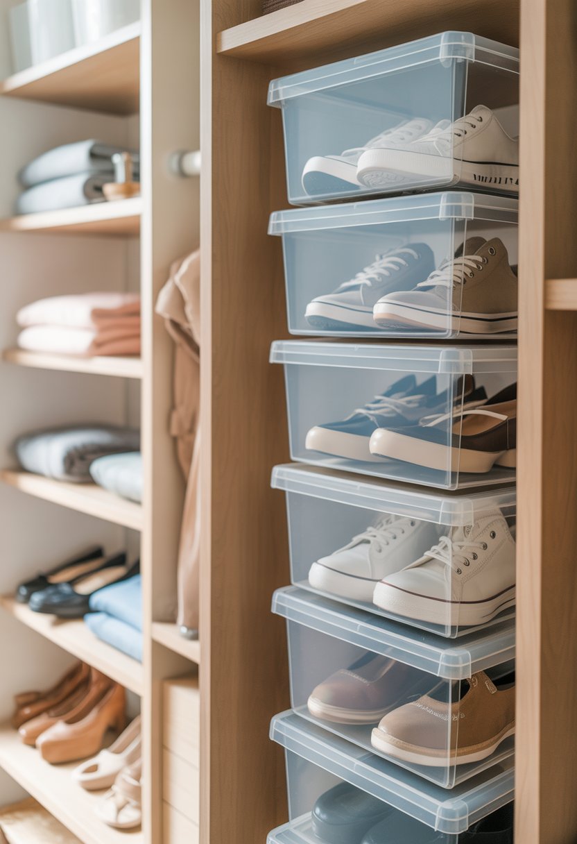 17 Open Closet Ideas To Maximize Space And Style In Any Room 6 An open closet with clear storage bins neatly holding visible shoes on wooden shelves.