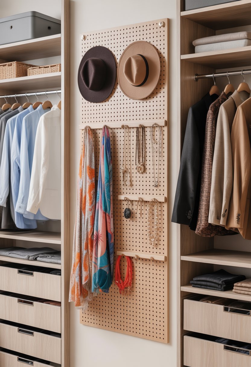 17 Open Closet Ideas To Maximize Space And Style In Any Room 9 An open closet section with a pegboard holding hats, scarves, and jewelry, surrounded by neatly arranged clothes on shelves and hanging rods.
