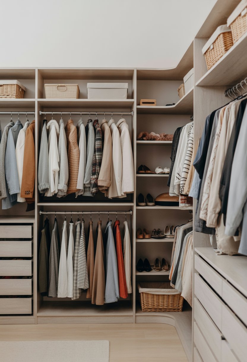 17 Open Closet Ideas To Maximize Space And Style In Any Room 11 A modern open closet with neatly organized clothes and storage bins arranged for seasonal rotation.