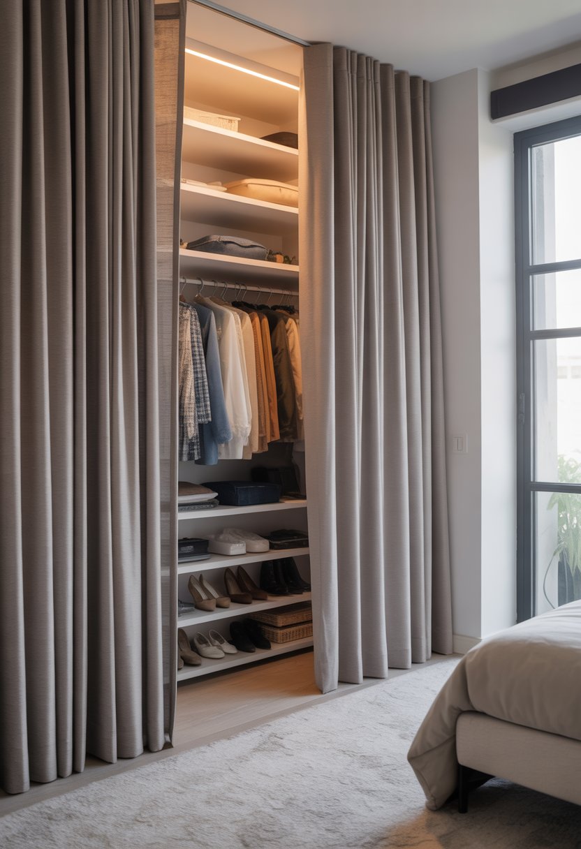 17 Open Closet Ideas To Maximize Space And Style In Any Room 13 A bedroom with an open closet partially covered by a curtain, showing organized clothes inside.
