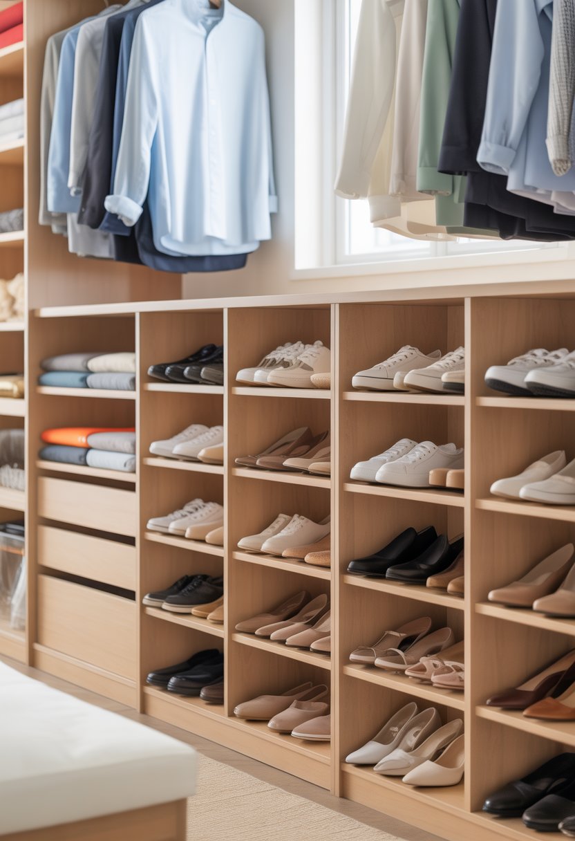 17 Open Closet Ideas To Maximize Space And Style In Any Room 14 A closet with a wooden shoe cubby system organizing various shoes in open compartments, with clothes hanging above and shelves nearby.